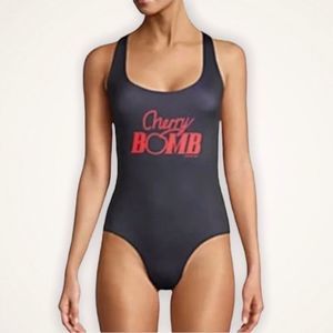 NWT GANNI Cherry Bomb Black One Piece Swim Suit Size 40